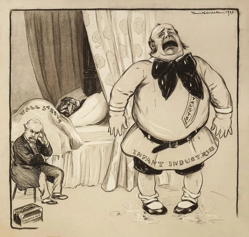 A Bulldog Representing Wall Street Lies Sick In Bed Tended By J Morgan Represented As A Doctor