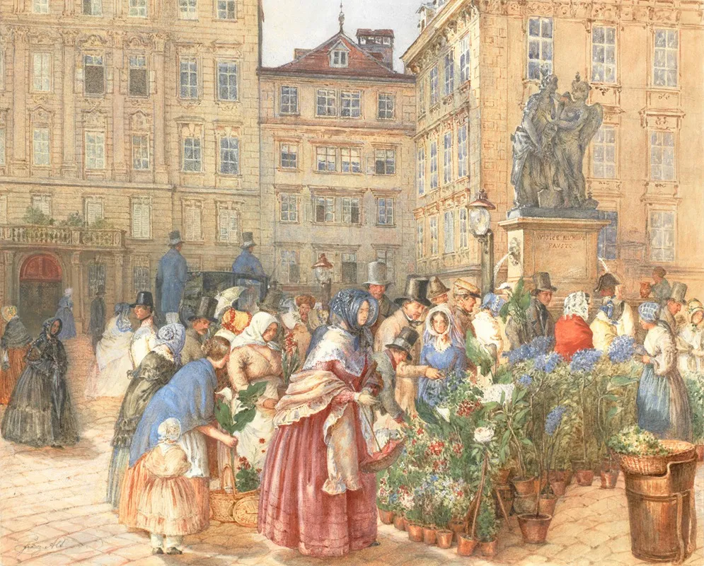 A Bustling Flower Market by Franz Alt - Canvas Print