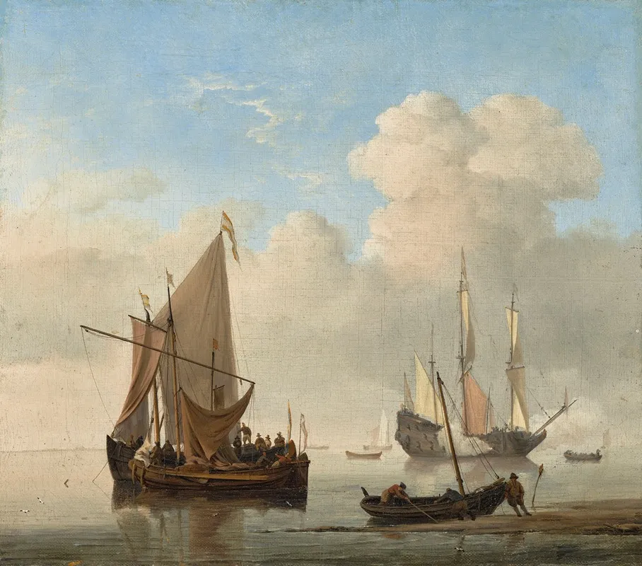 A Calm A Kaag Alongside A Smalschip At Anchor With A Weyschuit Being Pushed Off The Shore And A Man Of War Firing A Salute Beyond