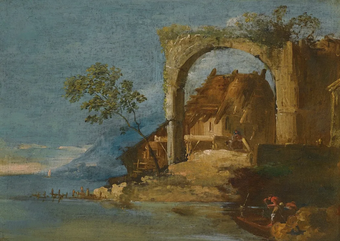 A Capriccio Fluvial Landscape With Figures In A Boat In The Foreground by Giuseppe Bernardino Bison - Canvas Print