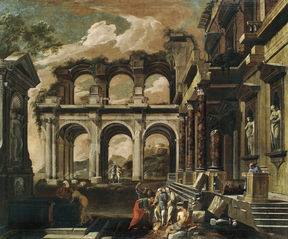 A Capriccio Of The Internal Courtyard Of A Ruined Palace With The Miracle Of Saint Paul by Viviano Codazzi - Canvas Print