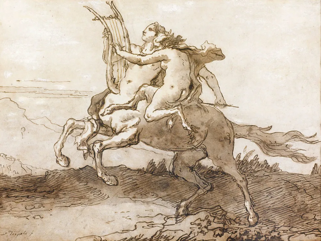 A Centaur Holding A Lyre Galloping With A Female Faun