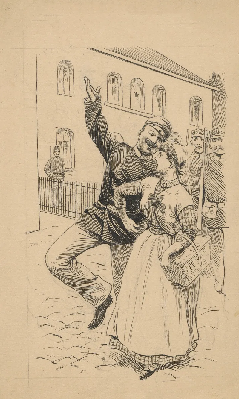 A Cheerful Soldier Takes A Young Maid Who Is At Work By The Arm She Does Not Share His Enthusiasm