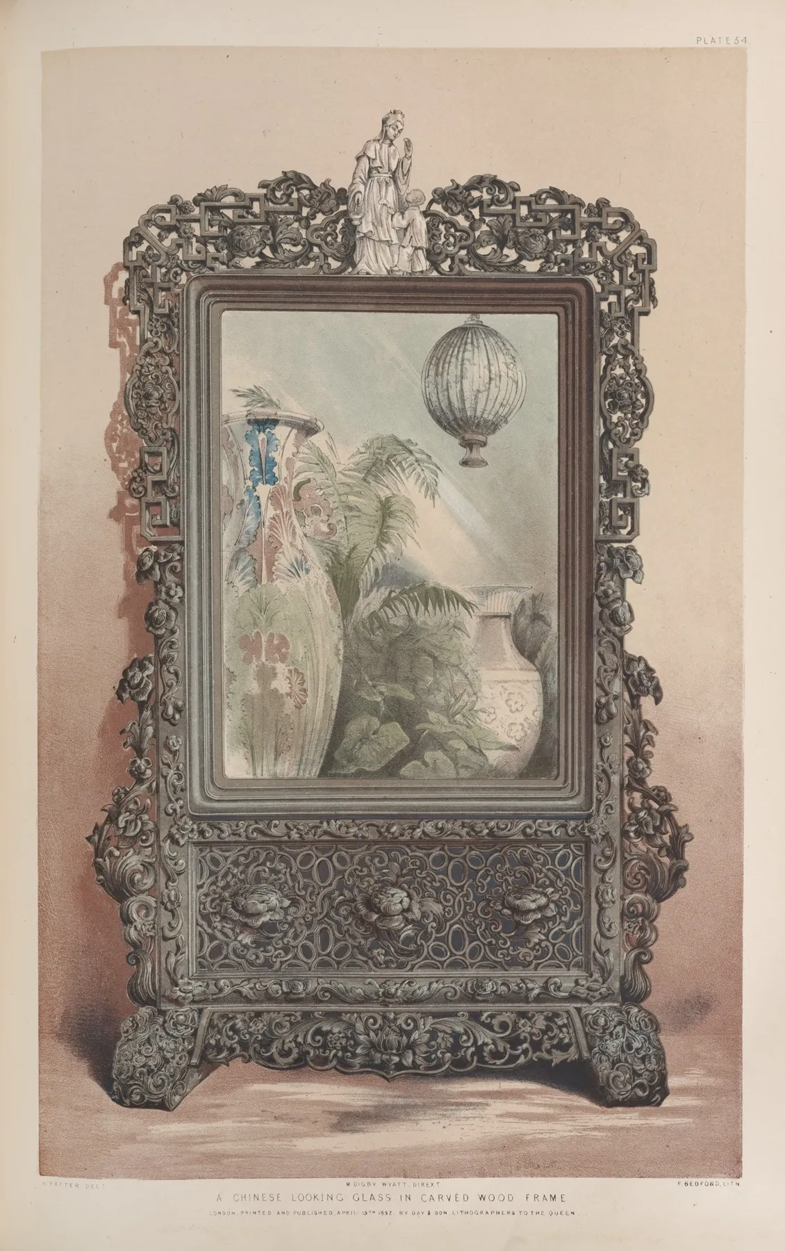 A Chinese Looking Glass In Carved Wood Frame