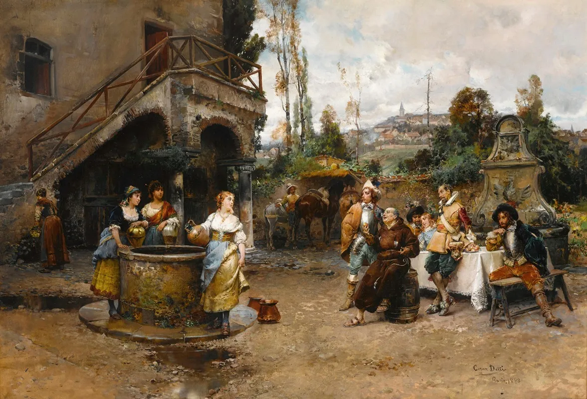 A Conversation At The Well by Cesare Auguste Detti - Canvas Print