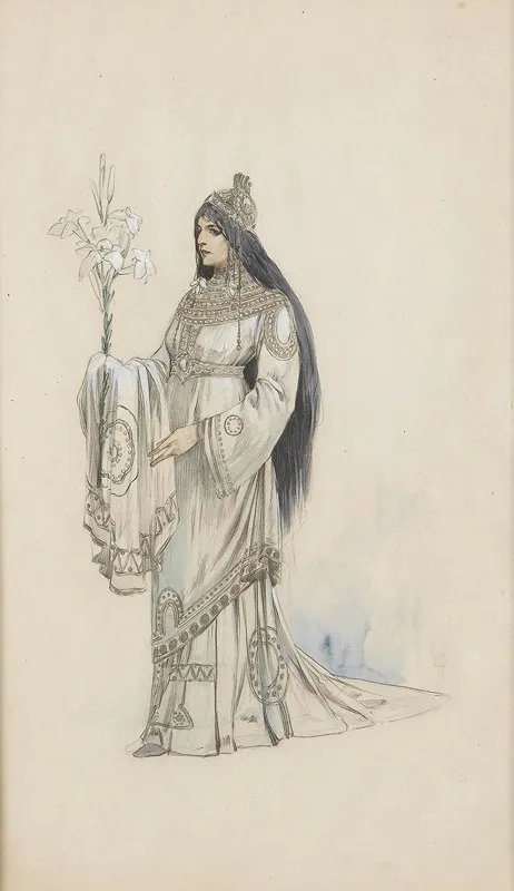 A Costume Design For The Theatre De La Renaissance Paris by Alphonse Mucha - Canvas Print