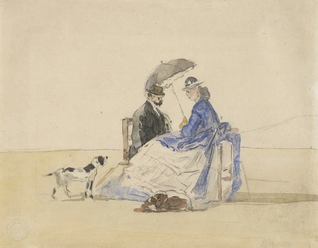 A Couple Seated On The Beach With Two Dogs