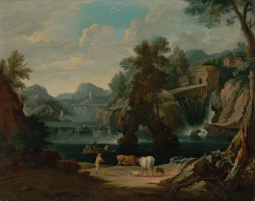 A Cowherd Beside A Cascading River