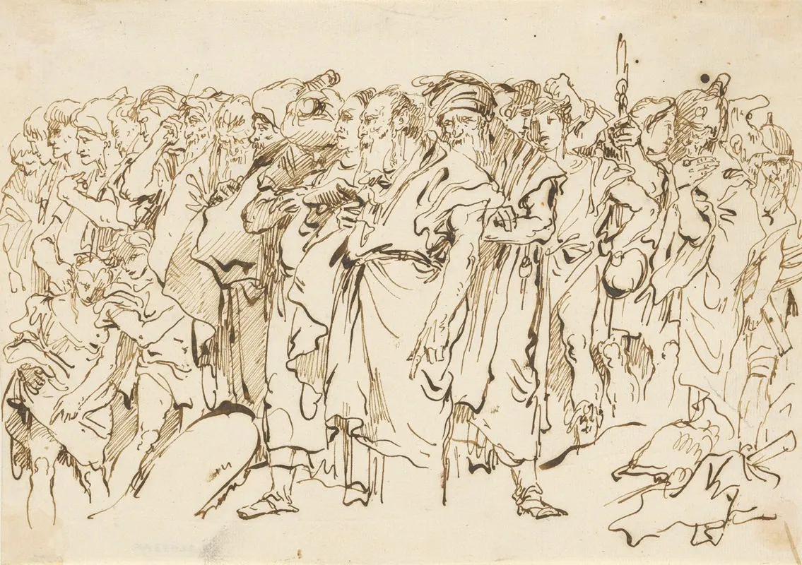 A Crowd Of Ancient Warriors Orientals And Two Boys Gathering For A Sacrifice by Giovanni Domenico Tiepolo - Canvas Print