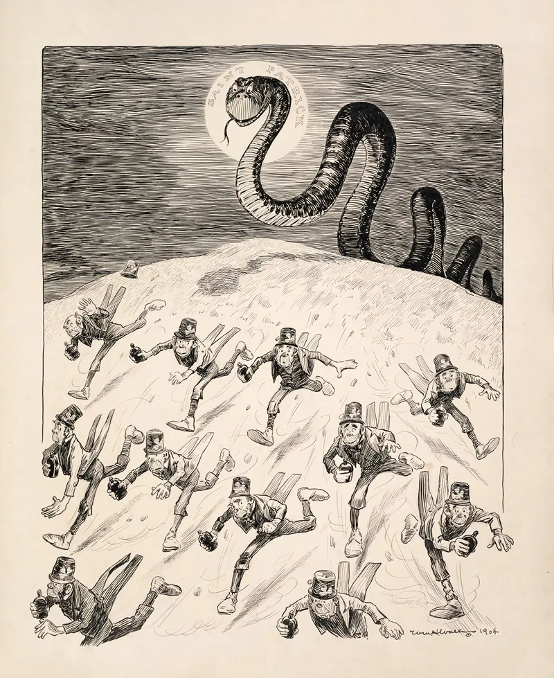 A Crowd Of Leprechauns Each Holding A Bottle Of Alcohol Run From A Large Snake Representing Saint Patrick And Are Chased Out Of Ireland