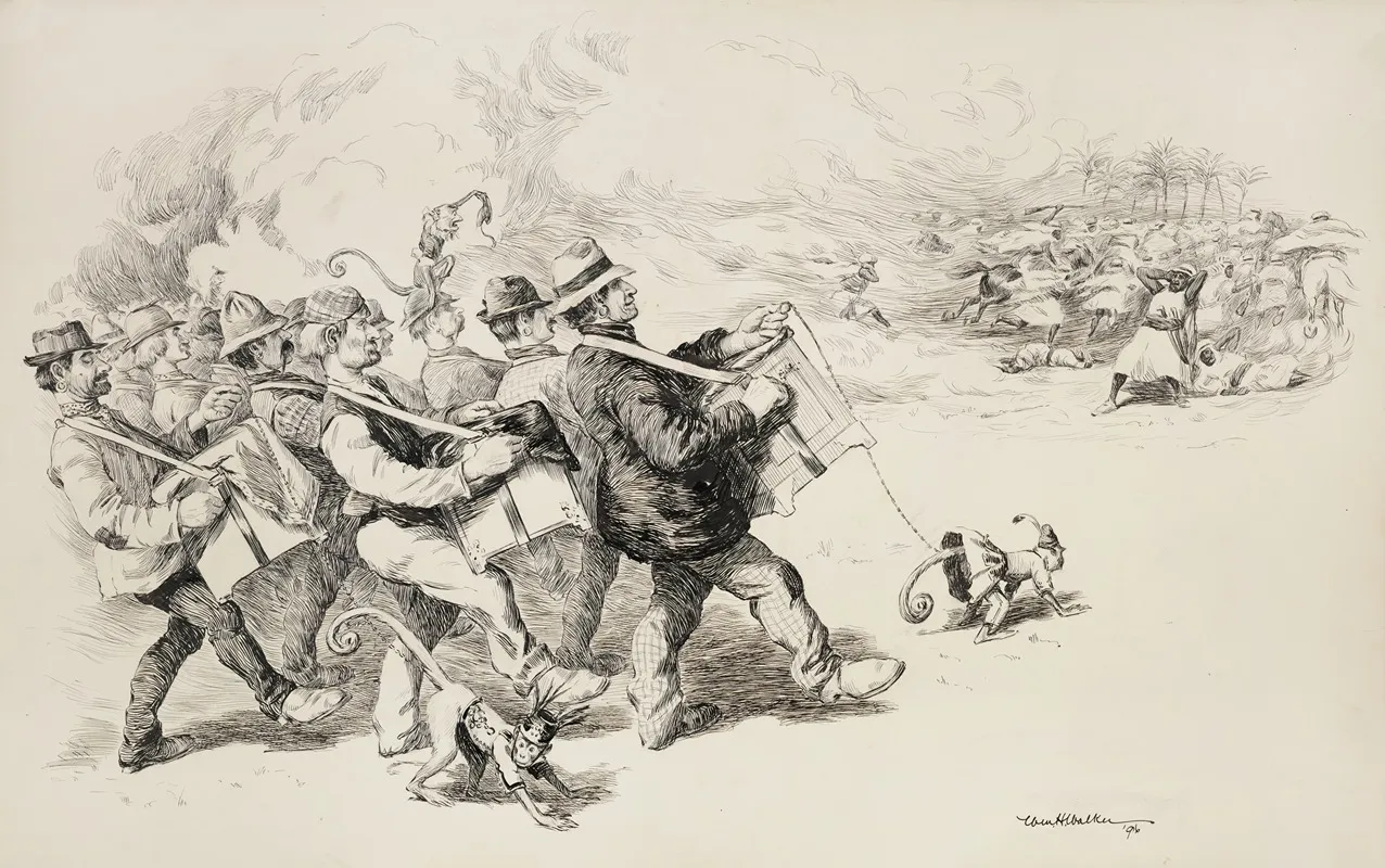 A Crowd Of Organ Grinders With Monkeys Causes A Group Of Middle Eastern Men To Flee Or Collapse Covering Their Ears by William Henry Walker - Canvas Print