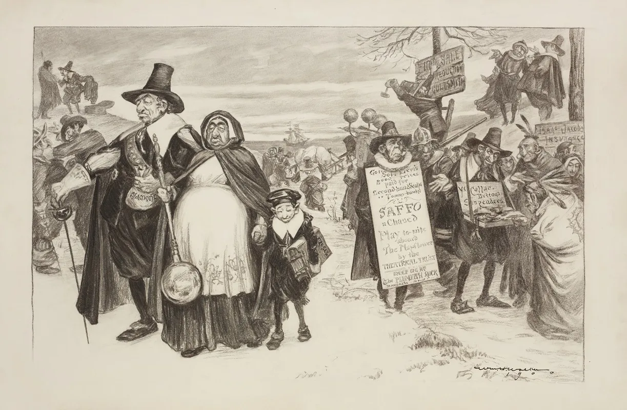 A Crowd Of People Dressed As Pilgrims Walk Inland With A Ship In The Background