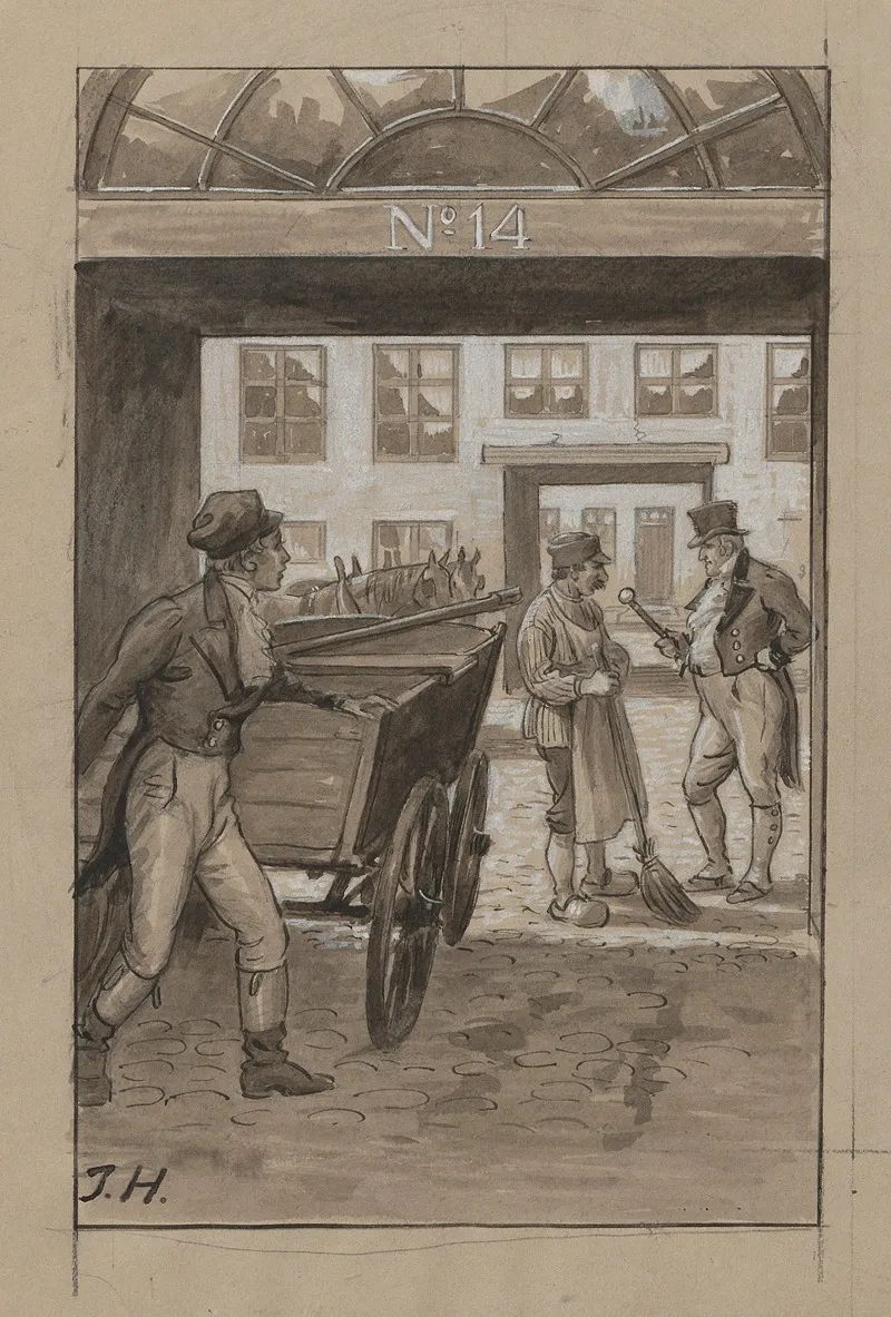 A Distinguished Gentleman Reprimands A Street Sweeper In A Doorway by Ingeborg Hyldahl - Canvas Print