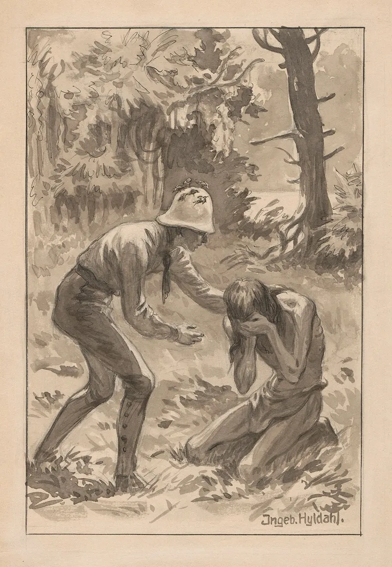 A Distraught Native Kneels With His Face Hidden In His Hands Comforted By A Person Wearing A Pith Helmet by Ingeborg Hyldahl - Canvas Print