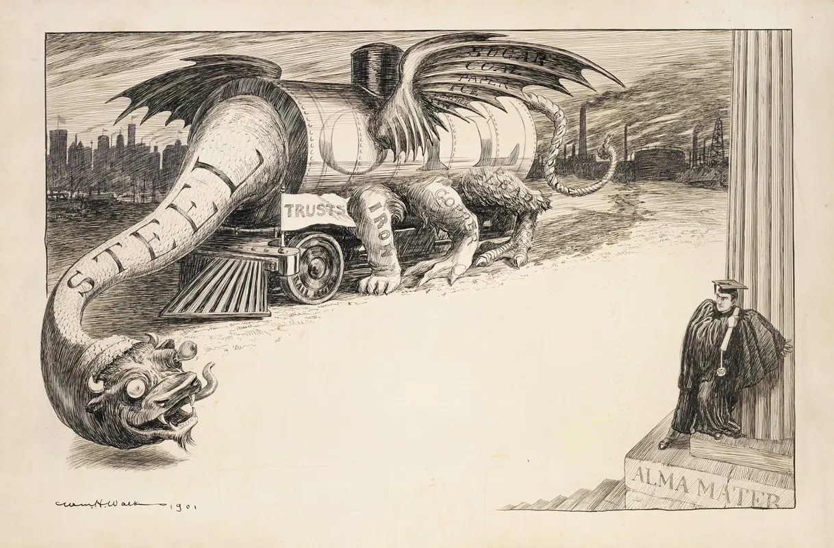 A Dragon Representing Many Trusts With Steel And Oil As The Biggest Portions Threatens A 1901 College Graduate