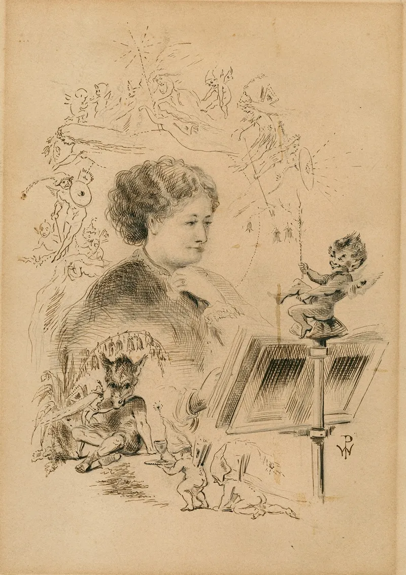 A Drawing Of A Person Reading With The Characters Of A Midsummer Nights Dream Around Her