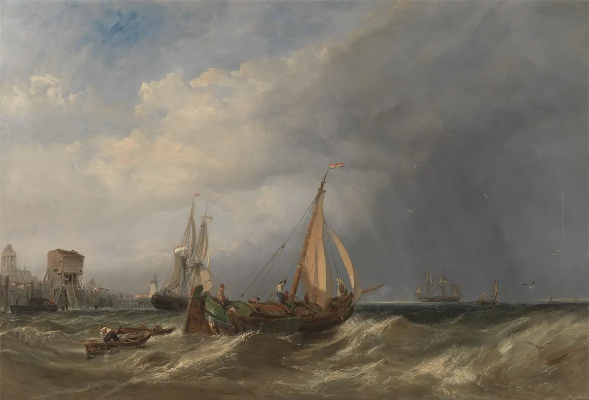 A Dutch Barge And Merchantmen Running Out Of Rotterdam