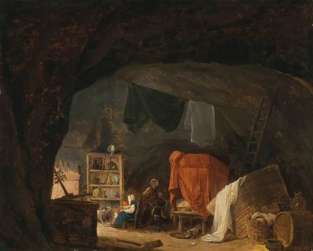 A Family In A Cave Interior by Hubert Robert - Canvas Print