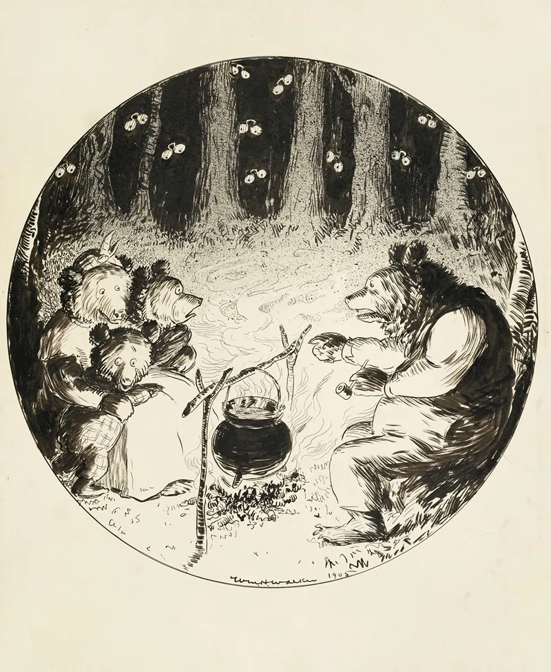 A Family Of Bears Cooks Around A Campfire