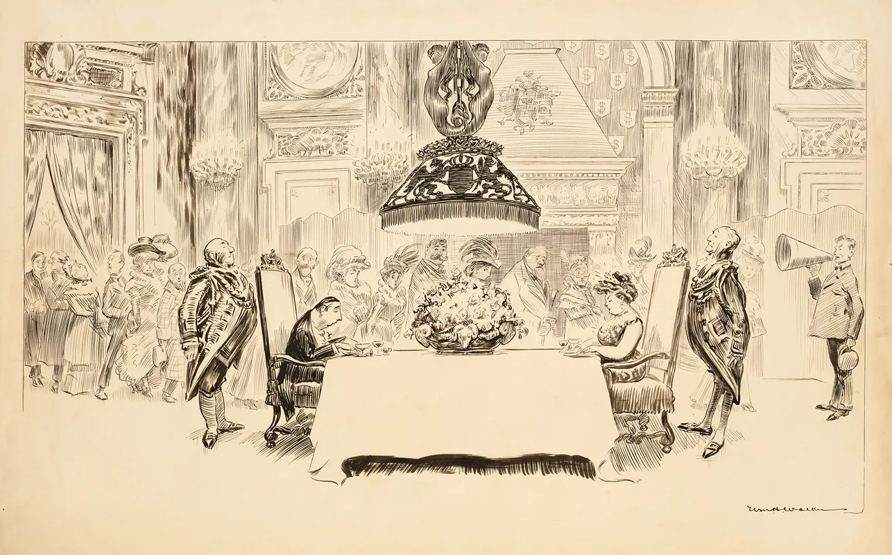 A Fancy Dinner Party Where Only Two Guests Are Seated Eating The Rest Stand And Watch Them