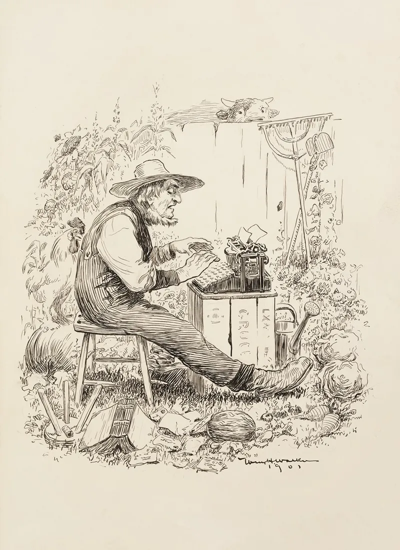 A Farmer Sits In His Field Typing On A Type Writer Surrounded By His Crops And Animals Who Watch Him Curiously