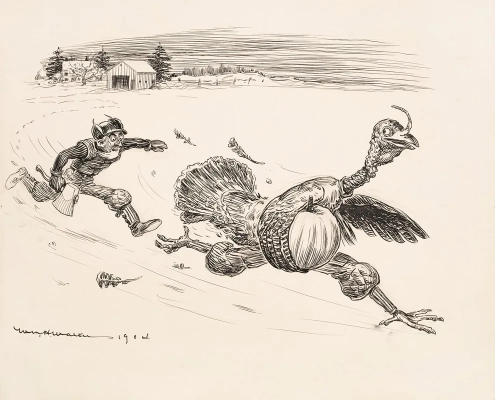 A Farmer With An Ax Chases A Giant Turkey With A Pumpkin Under Its Wing