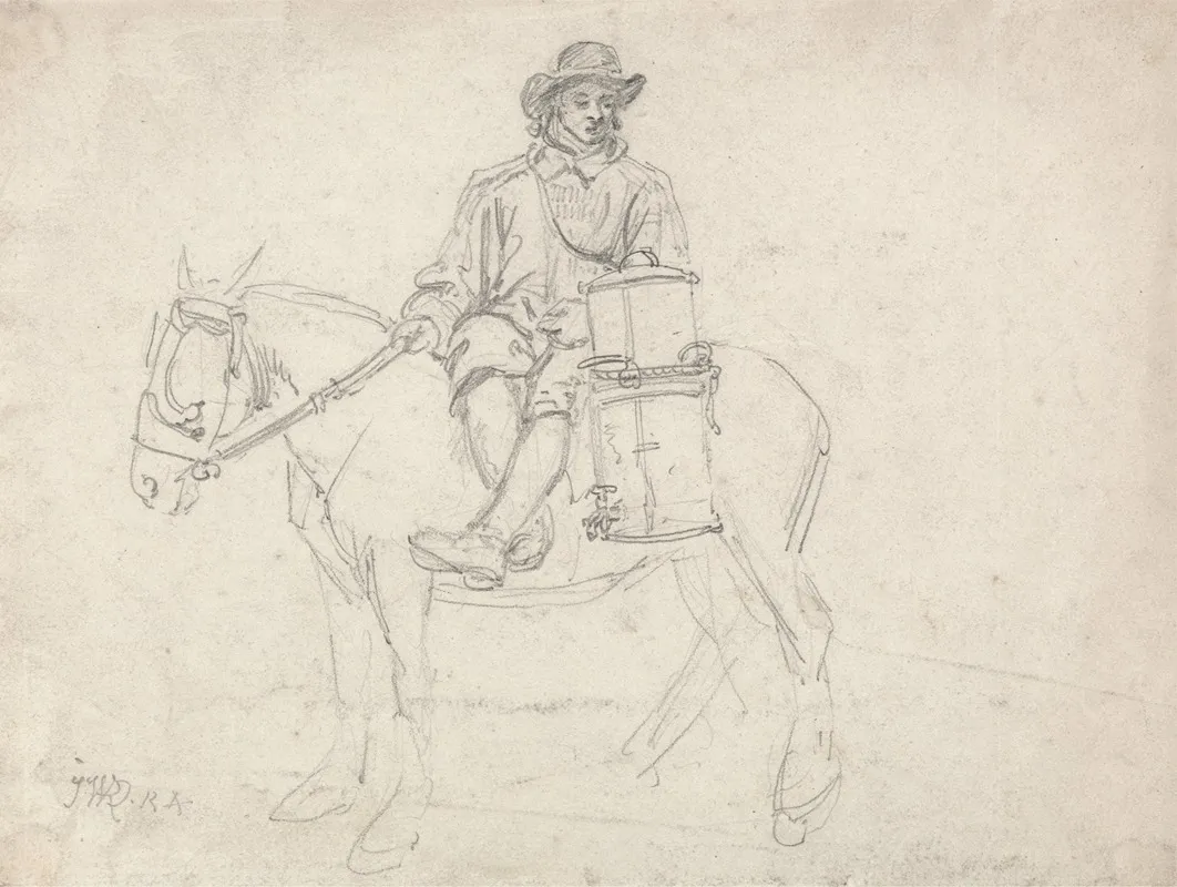 A Farmhand Riding Side Saddle Carrying An Urn