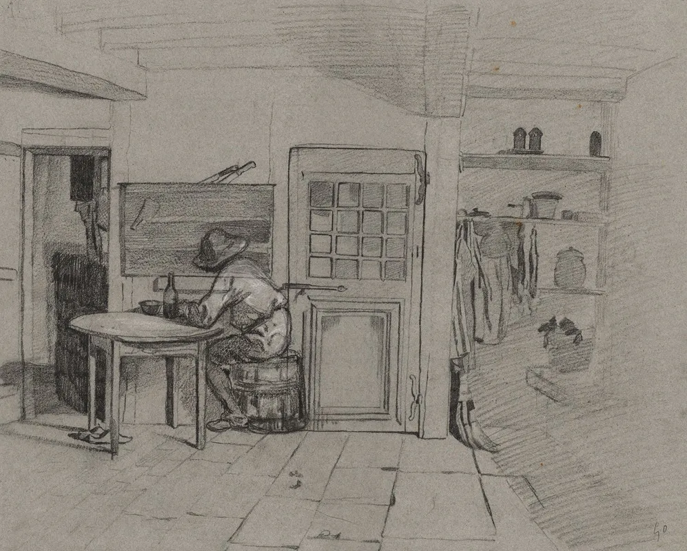 A Farmhouse Interior With A Boy At A Table