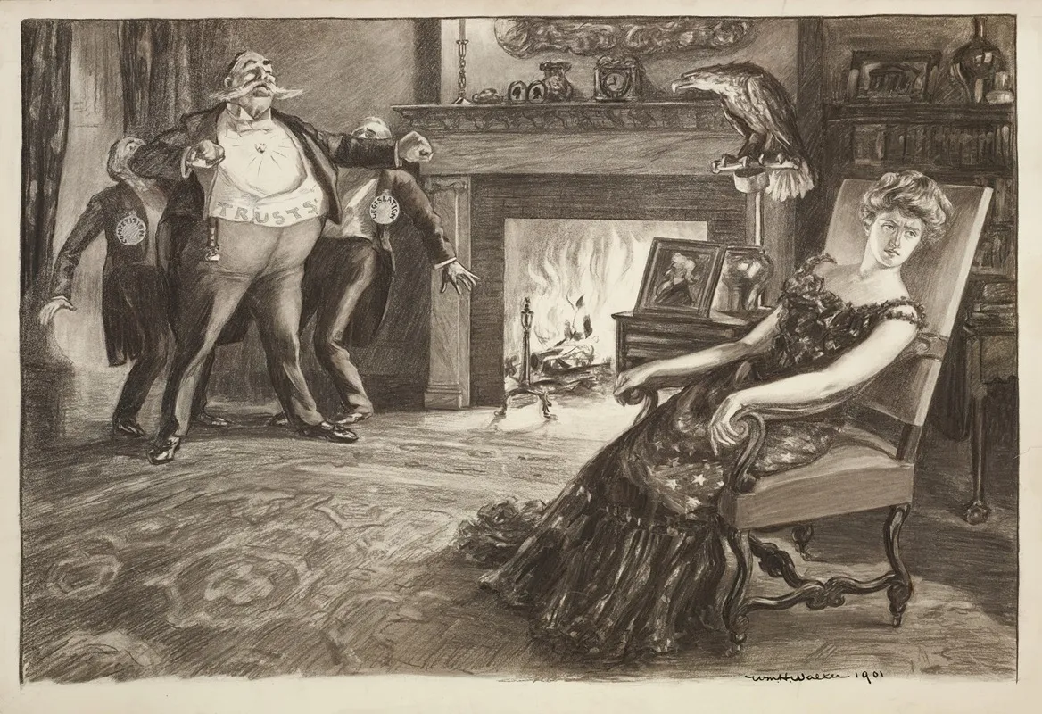 A Fat Man Representing The Trusts Pushes Aside Men Representing Competition And Legislation To Get The Attention Of Columbia But She Looks Away