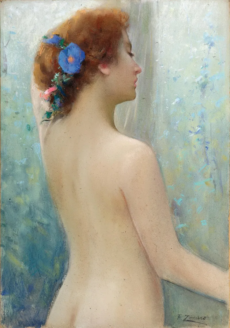 A Female Nude With Flowers In Her Hair Seen From Behind