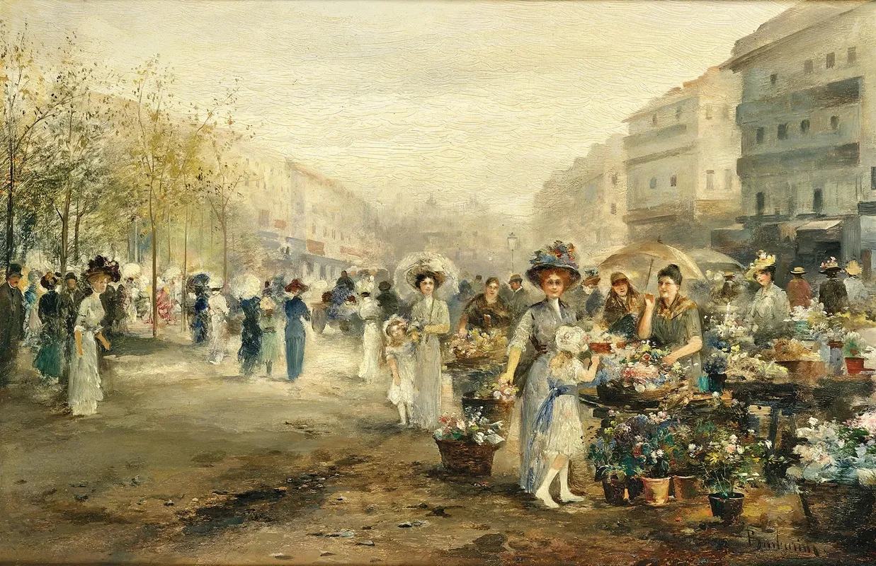 A Flower Market In Paris 2 by Emil Barbarini - Canvas Print