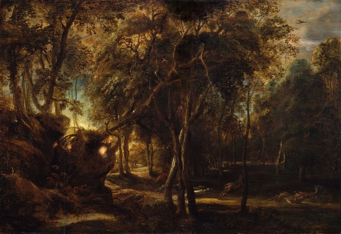 A Forest At Dawn With A Deer Hunt