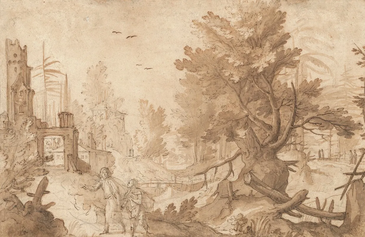 A Forest Landscape With Buildings And Tobias And The Angel by Remigio Cantagallina - Canvas Print