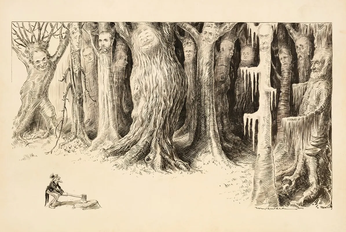 A Forrest Of Large Trees And Each Tree Has The Face Of A Different Man A Tiny Uncle Sam Approaches With An Ax Smiling