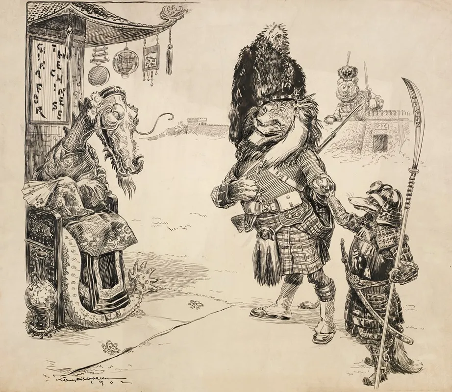 A Fox Japan Presents A Lion Great Britain To A Dragon China On A Throne