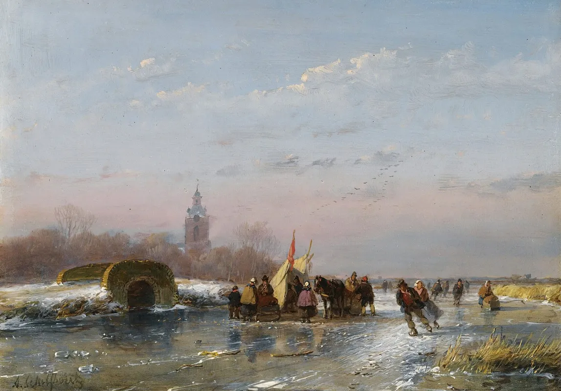 A Frozen Waterway With Skaters By A Refreshment Stall