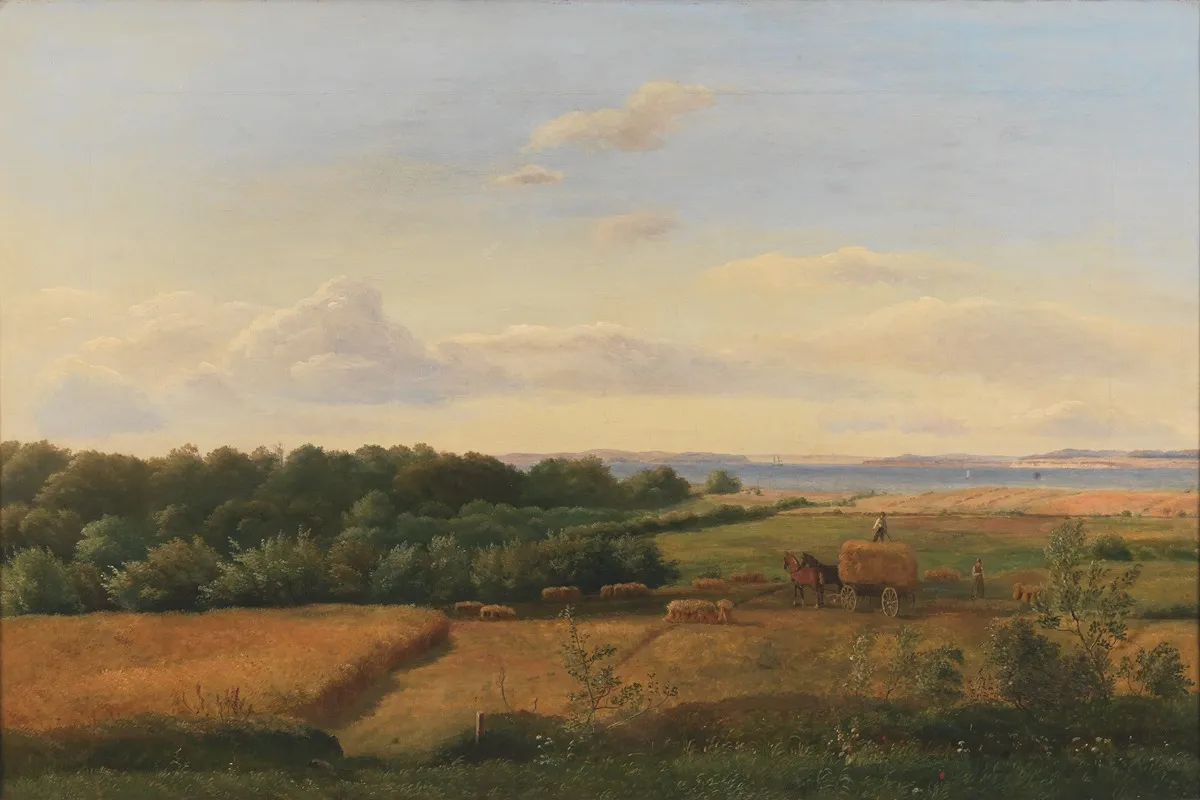 A Funen Landscape At Harvest Time With Wedellsborghoved In The Background by Dankvart Dreyer - Canvas Print