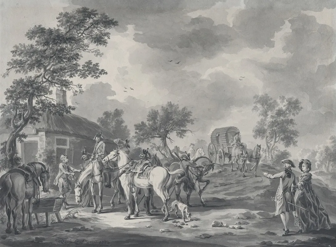 A Gathering Of Horsemen And A Coach Near A Watering Place