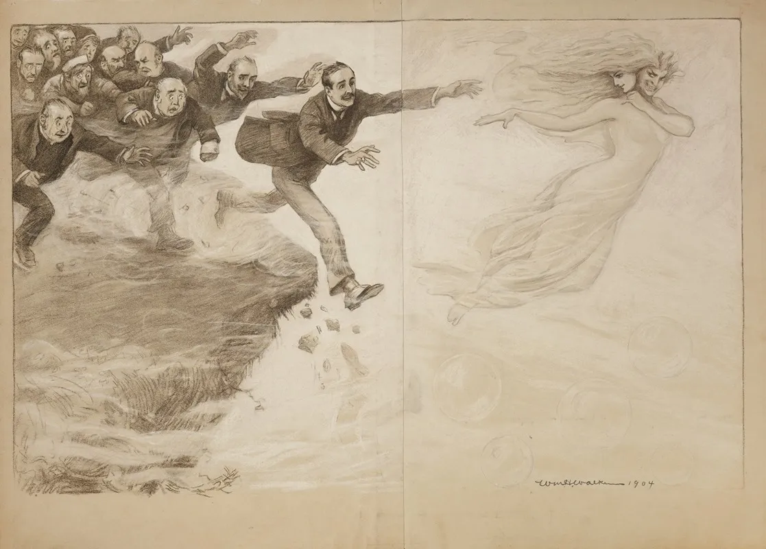A Ghostly Woman Floating On Bubbles Lures A Crowd Of Men To Follow Her Over A Cliff