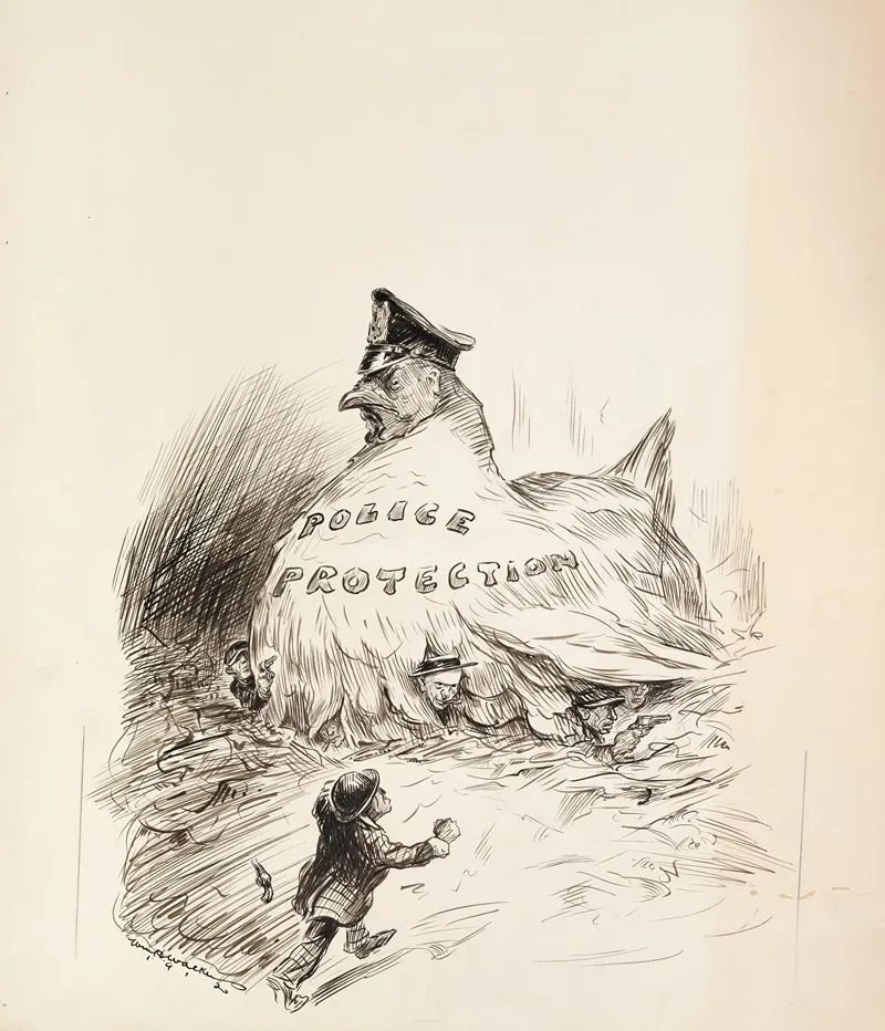 A Giant Hen Representing Police Protection Shelters Several Criminals Under Her Wings
