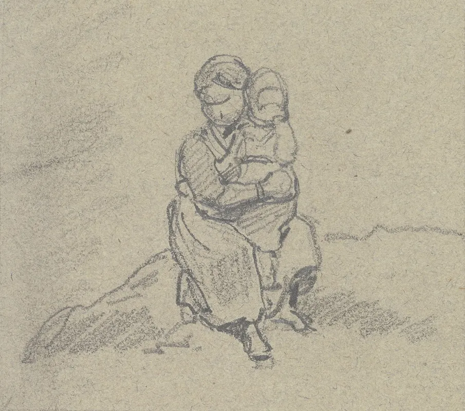 A Girl Holds A Child On Her Lap And Sits On A Small Slope The Child Has Brought Her Hand To Her Mouth