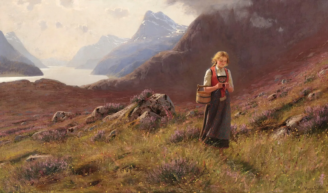 A Girl Knitting In A Norwegian Landscape by Hans Dahl - Canvas Print