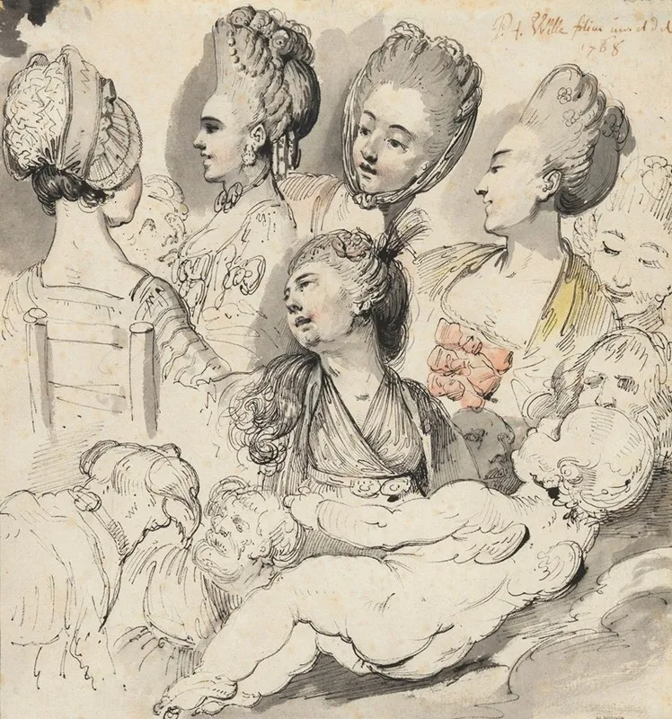 A Group Of Elegantly Coiffured Ladies Cupid A Dog And An Old Man In The Foreground by Pierre Alexandre Wille - Canvas Print