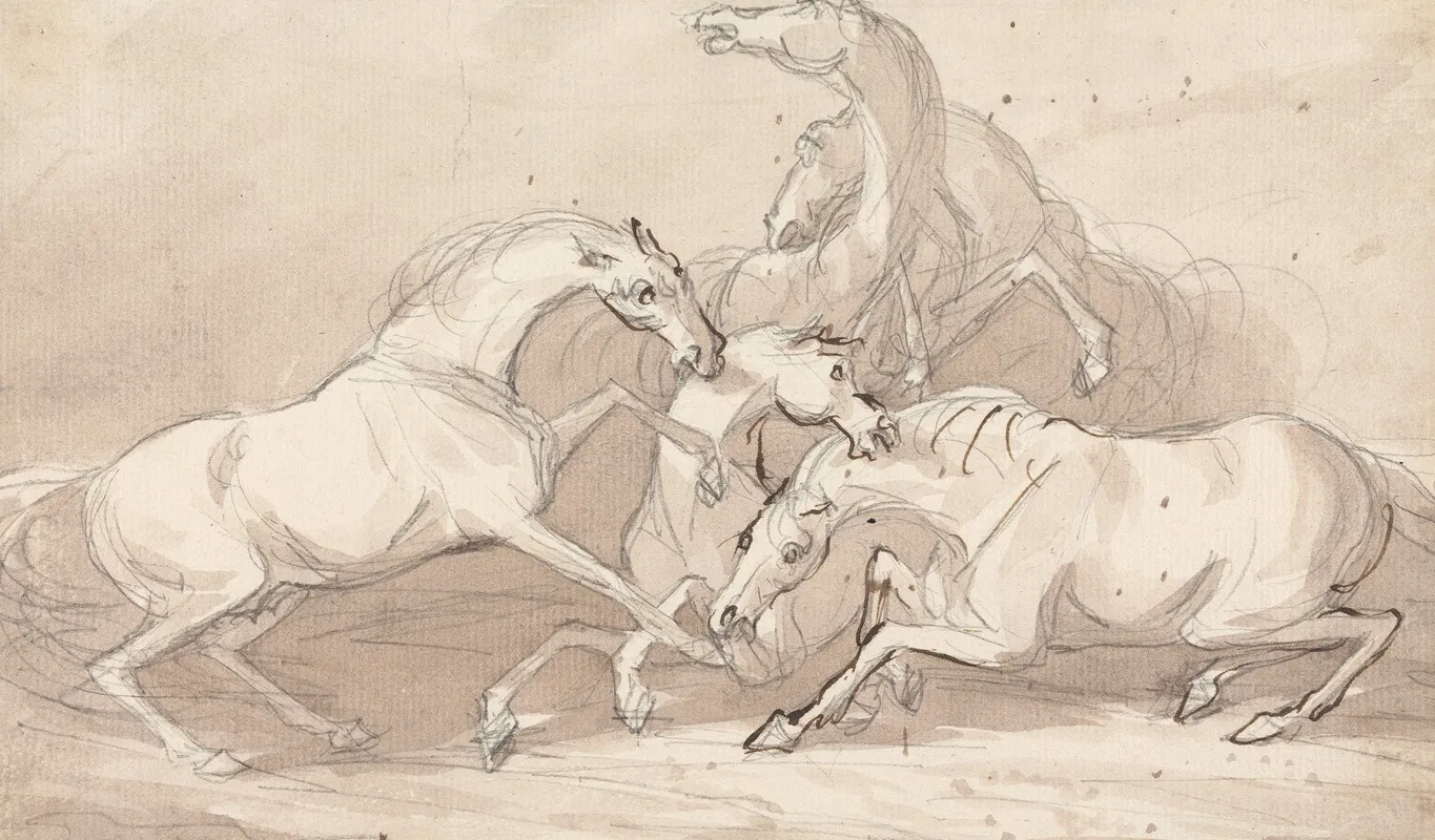 A Group Of Five Horses Fighting