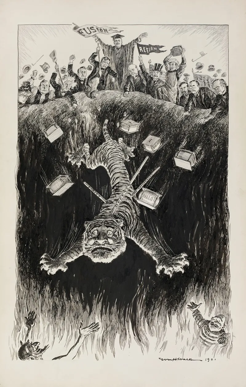 A Group Of Men Carrying Flags Push The Tammany Tiger Into Flames