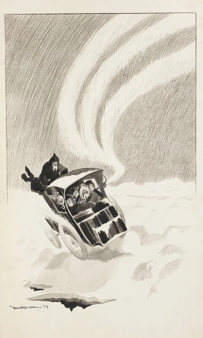 A Group Of Men Drive In A Car Through The Snow With The Northern Lights In The Background