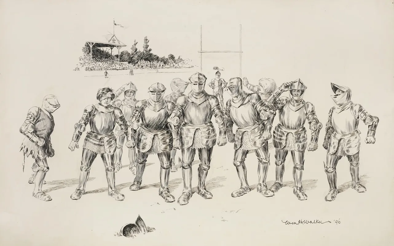 A Group Of Men In Medieval Armor At A Stadium All Looking At A Helmet On The Ground