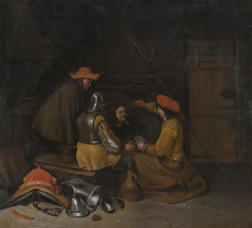 A Guardroom Interior With Four Figures Drinking And Playing Cards