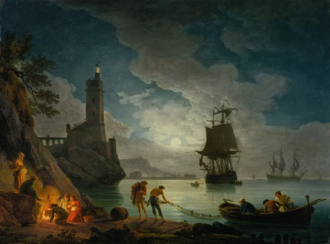 A Harbor In Moonlight by Claude-Joseph Vernet - Canvas Print