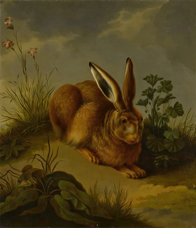 A Hare Among Plants And Grasses by German School - Canvas Print